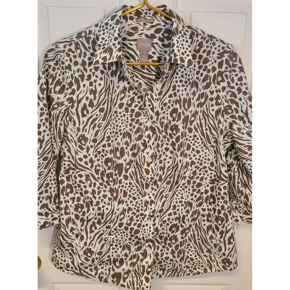 Chico's 1 Wrinkle Resistant Leopard Animal Collared Long Sleeve Button 3/4 Sleev